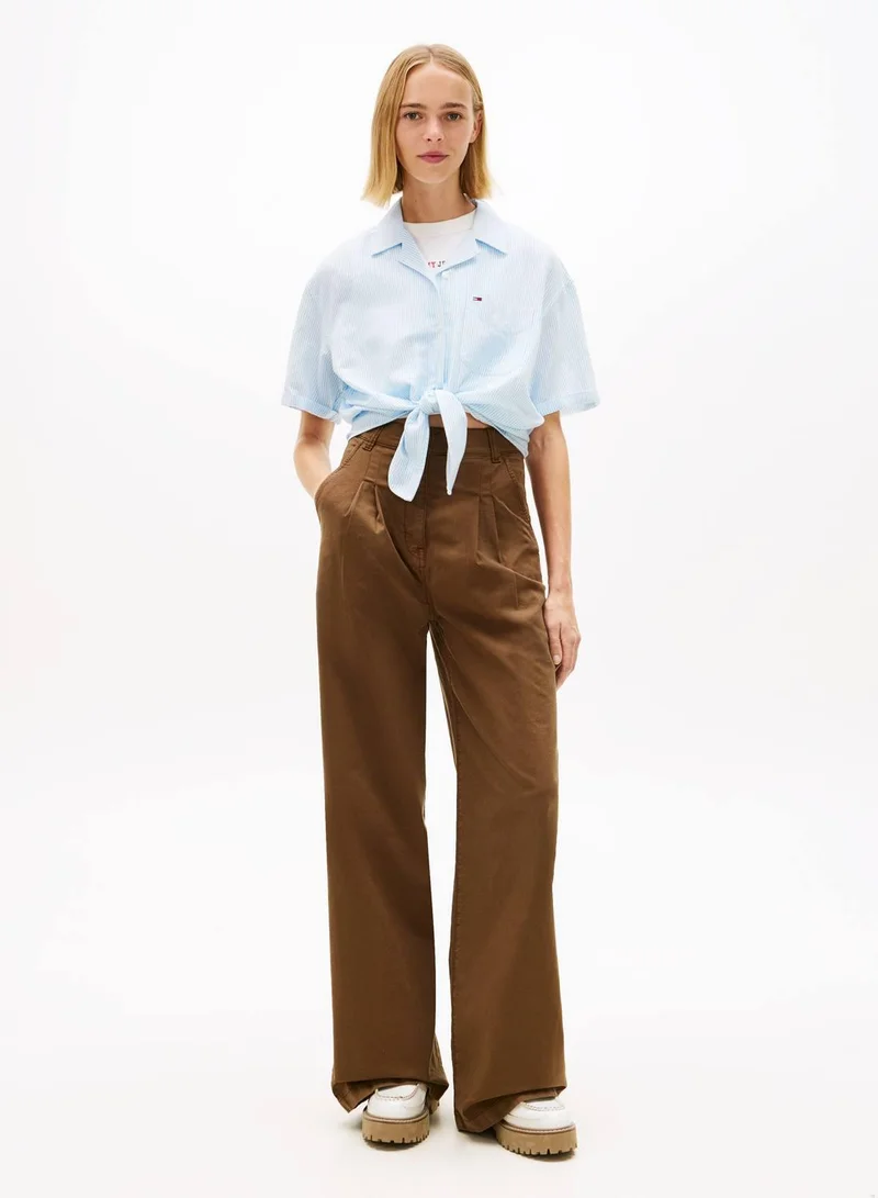 TOMMY JEANS Light Powdery Blue / Stripe Relaxed Fit Linen Blend Tie Front Shirt for Women | Best Price UAE