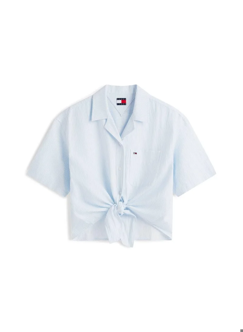 TOMMY JEANS Light Powdery Blue / Stripe Relaxed Fit Linen Blend Tie Front Shirt for Women | Best Price UAE