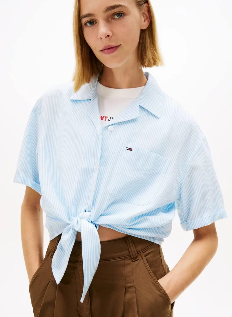 TOMMY JEANS Light Powdery Blue / Stripe Relaxed Fit Linen Blend Tie Front Shirt for Women | Best Price UAE