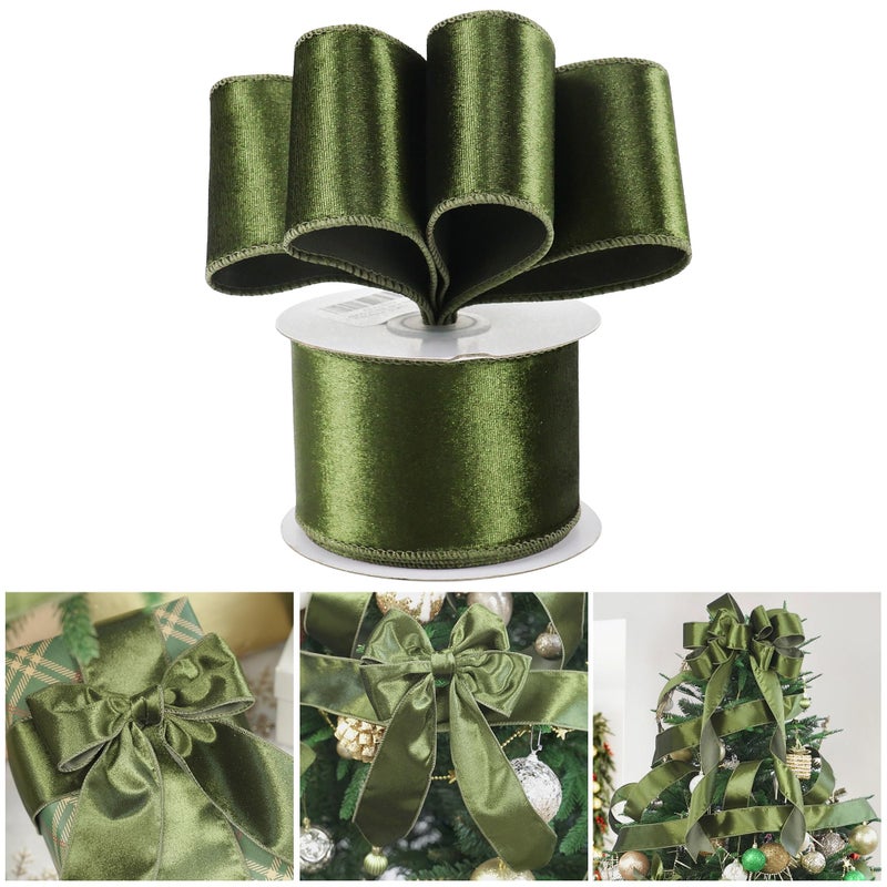AIMUDI Olive Green Velvet Wired Ribbon 25 Inch Green Christmas Ribbon Wired Dark Moss Green Ribbon for Christmas Tree Wreaths Swags Gift Wrapping Garland Holiday Crafts Topper Bows  10 Yards