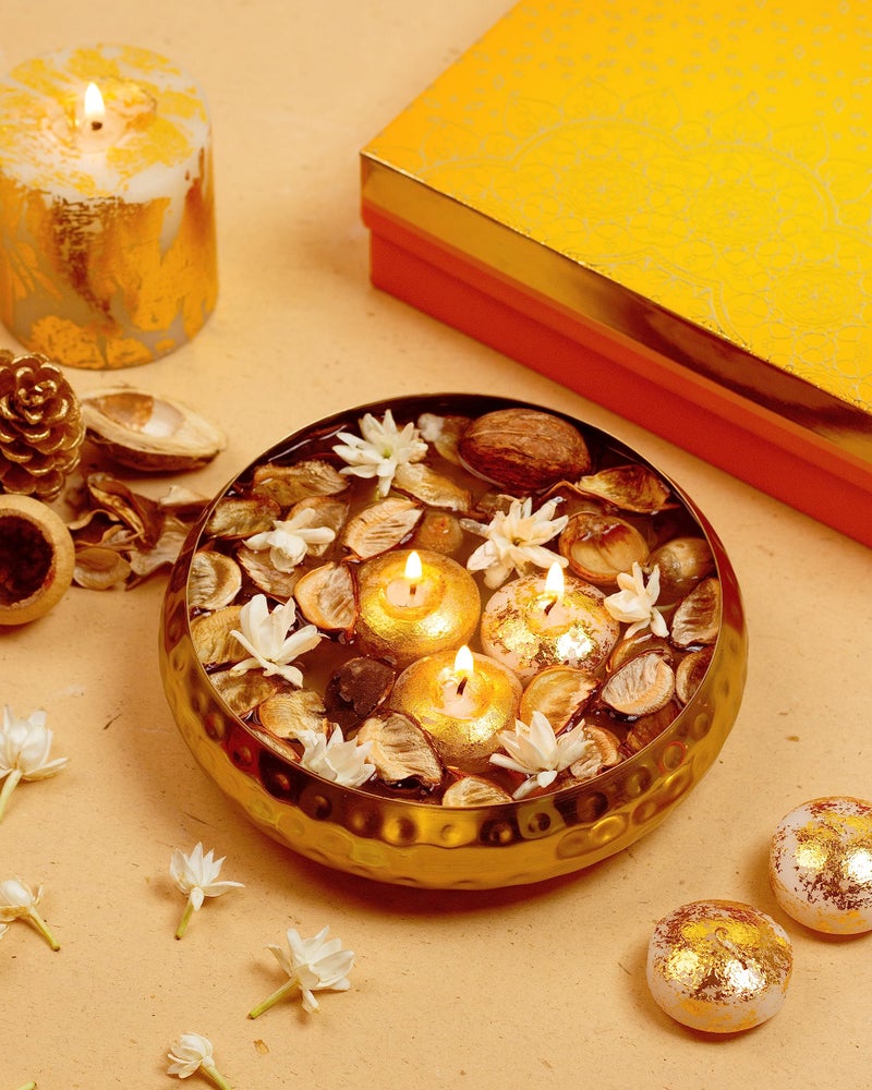 AURA DECOR AuraDecor Urli Gift Set for Home Decor || Golden Floating Candles || Potpourri || Candle Gift Set || Gifting || Corporate Gifting - Image 3