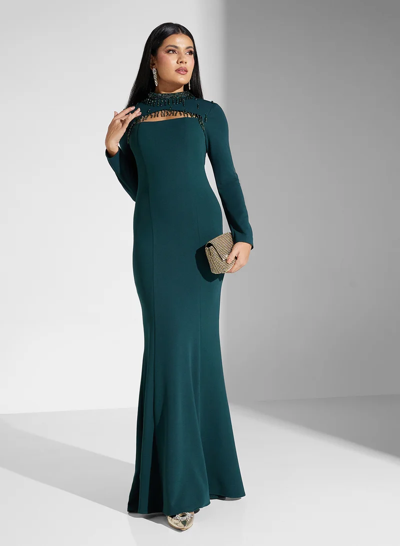 Akadia Fashion open bust fringe details crepe dress