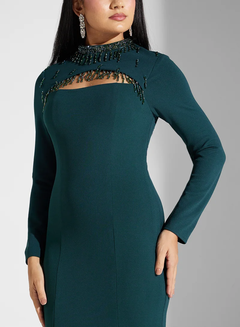Akadia Fashion open bust fringe details crepe dress