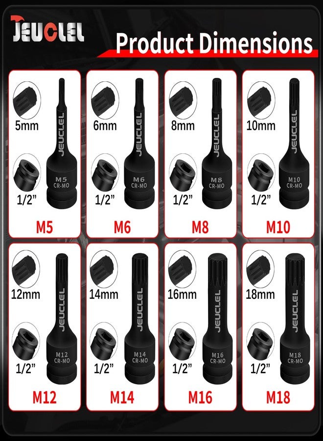 JEUCLEL طقم مقبس JEUCLEL ذو 8 قطع بمقبض تأثير، M5 M6 M8 M10 M12 M14 M16 M18، طقم مقبس ثلاثي مربع متري 1/2 بوصة، أداة يدوية لإزالة الفولاذ من الكروم والموليبدينوم - Image 2