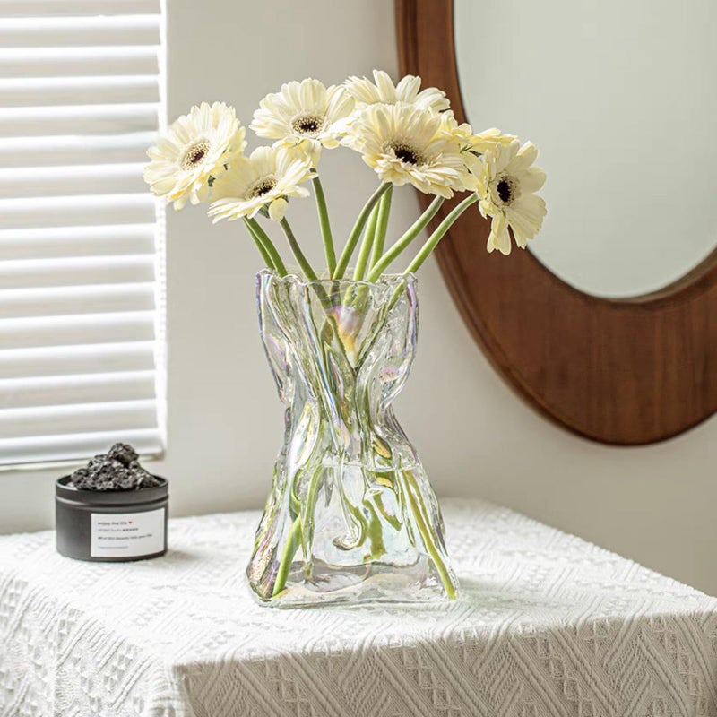 FOWSEEK 6 Inch Small Glass Flower Vase, Irregular Clear Flower Vases for Centerpiece Table Indoor Desk Decor, Modern Art Decorative Vase for Home Office Wedding Bookshelf Housewarming Gift - Image 1