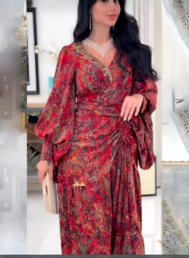 فستان أنيق بنمط زهور ورقبة على شكل V - Image 1
