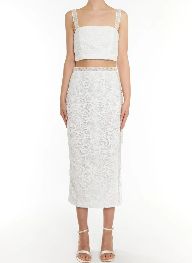 ترو ديكادينس Celine Co-ord White Square-neck Lace Trim Crop Top
