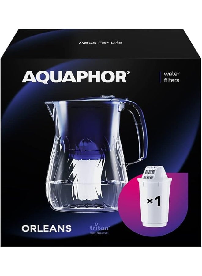 Aquaphor AQUAPHOR Orleans Water Filter Jug 4.2L Blue | Reduces Limescale, Chlorine & Impurities | Includes 1x A5 Mg Cartridge (350L) | Premium Glass-Effect Jug with Added Magnesium  - Image 1
