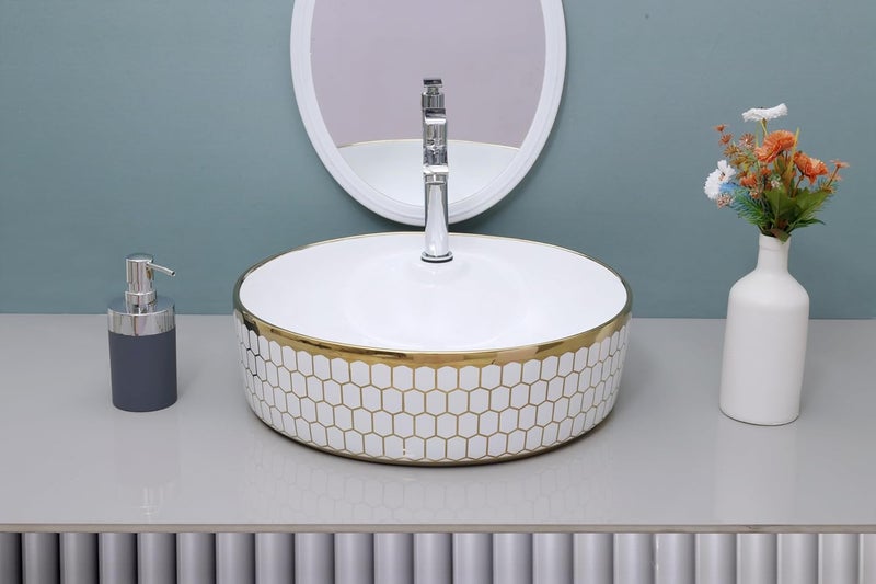 MAHISRE Table Top Counter Wash Basin Designer Ceramic Countertop Wash BasinSink For Bathroom And Livingroom Round Design Gold 17 17 5 IN G2402 - Image 1