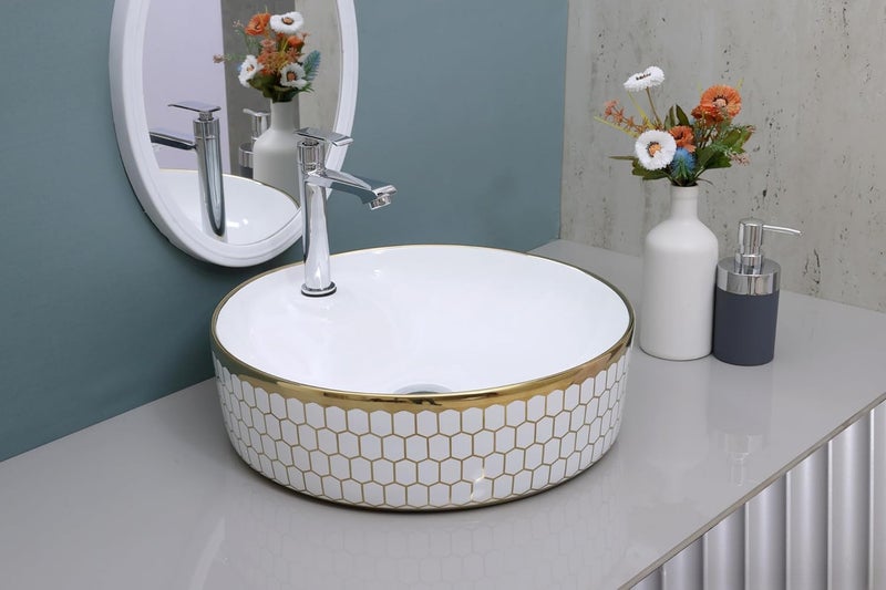 MAHISRE Table Top Counter Wash Basin Designer Ceramic Countertop Wash BasinSink For Bathroom And Livingroom Round Design Gold 17 17 5 IN G2402 - Image 2
