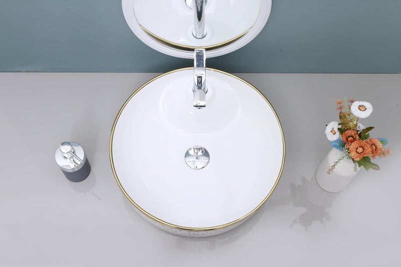 MAHISRE Table Top Counter Wash Basin Designer Ceramic Countertop Wash BasinSink For Bathroom And Livingroom Round Design Gold 17 17 5 IN G2402 - Image 4