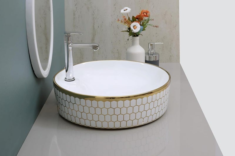 MAHISRE Table Top Counter Wash Basin Designer Ceramic Countertop Wash BasinSink For Bathroom And Livingroom Round Design Gold 17 17 5 IN G2402 - Image 3