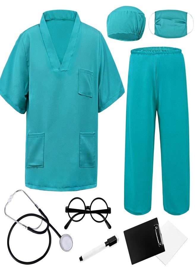 ZZIHAN Kids Doctor Costume Green Medical Scrubs with Stethoscope, Mask & Cap & Glasses,for Halloween, Career Day & School Play, Pretend Play, Nurse, Dentist & Vet Dress-Up for Boys & Girls 10-12 - Image 1