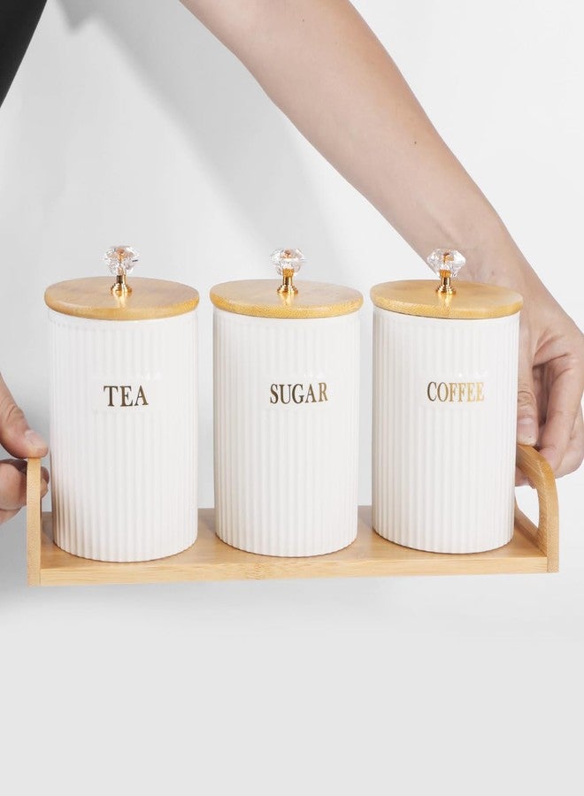 Fvstar Ceramic Storage Canister for Coffee Sugar Tea Set of 3, Kitchen Pantry Container with Bamboo Lids and Tray, White Food Storage Jars for Dining Table, Ceramic Canister Set for Cereal, Snacks - Image 3