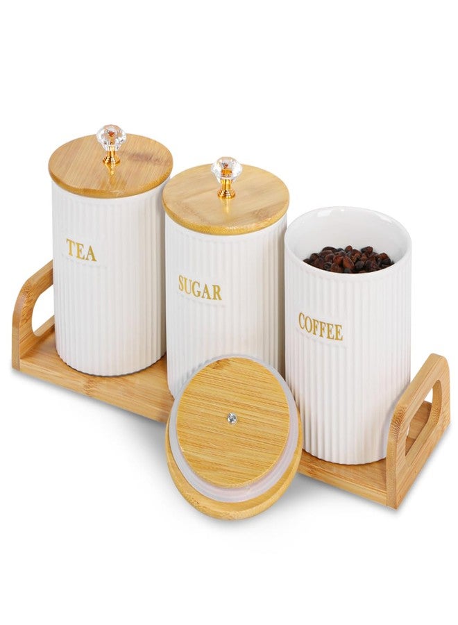 Fvstar Ceramic Storage Canister for Coffee Sugar Tea Set of 3, Kitchen Pantry Container with Bamboo Lids and Tray, White Food Storage Jars for Dining Table, Ceramic Canister Set for Cereal, Snacks - Image 1