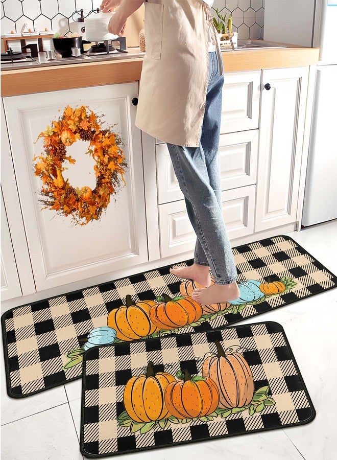 kukli kitchen Buffalo Plaid Pumpkin Fall Decorative Kitchen Rugs Set of 2,Non Skid Washable, Home Seasonal Fall Holiday Party Autumn Harvest Thanksgiving Kitchen Mat 17"x47"+17"x30" - Image 2