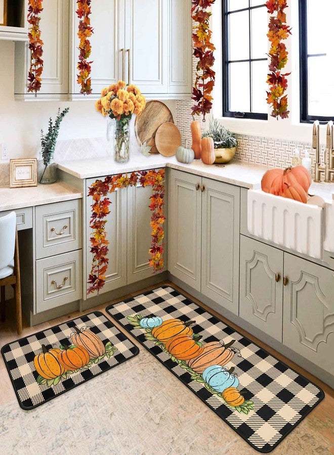 kukli kitchen Buffalo Plaid Pumpkin Fall Decorative Kitchen Rugs Set of 2,Non Skid Washable, Home Seasonal Fall Holiday Party Autumn Harvest Thanksgiving Kitchen Mat 17"x47"+17"x30" - Image 1