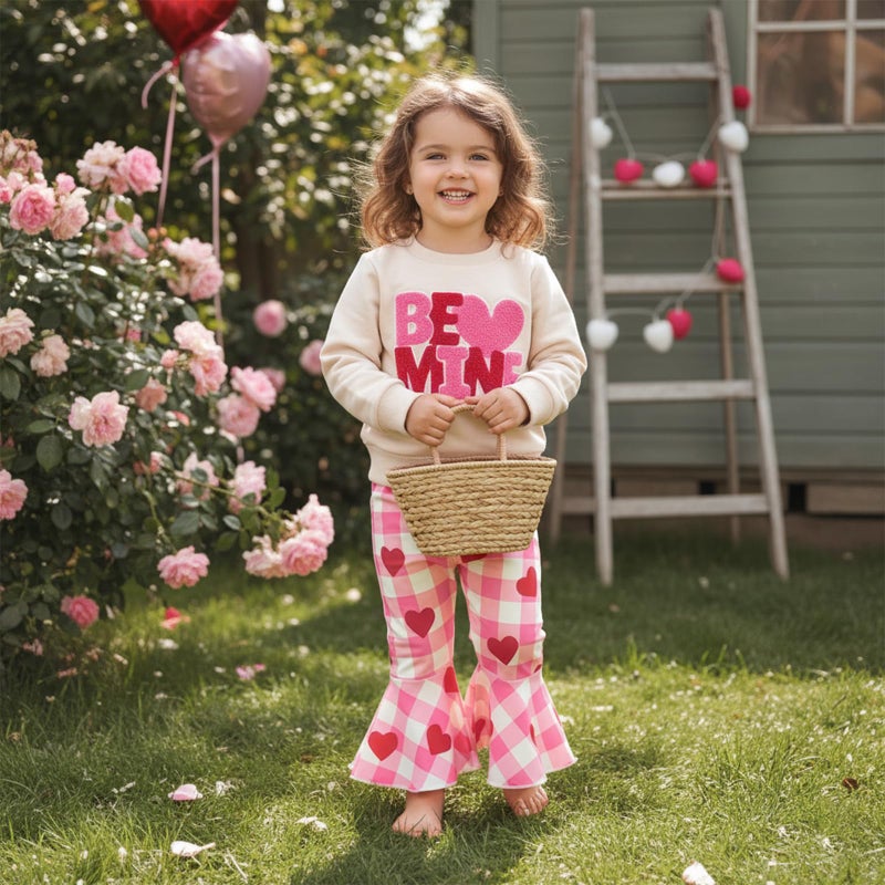 Mieeyali Toddler Girls Valentines Day Outfit Shirt Be Mine Heart Sweatshirt Gingham Bell Bottoms Top Flared Pants Set (Red Valentines, 3-6 Months) - Image 2