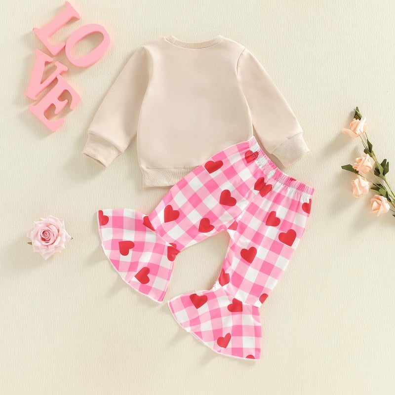 Mieeyali Toddler Girls Valentines Day Outfit Shirt Be Mine Heart Sweatshirt Gingham Bell Bottoms Top Flared Pants Set (Red Valentines, 3-6 Months) - Image 5