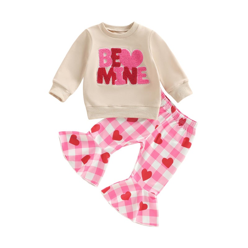 Mieeyali Toddler Girls Valentines Day Outfit Shirt Be Mine Heart Sweatshirt Gingham Bell Bottoms Top Flared Pants Set (Red Valentines, 3-6 Months) - Image 1