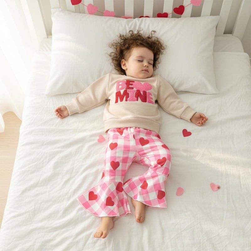 Mieeyali Toddler Girls Valentines Day Outfit Shirt Be Mine Heart Sweatshirt Gingham Bell Bottoms Top Flared Pants Set (Red Valentines, 3-6 Months) - Image 3