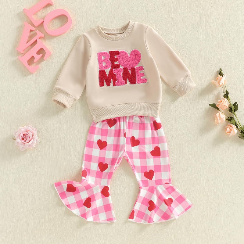 Mieeyali Toddler Girls Valentines Day Outfit Shirt Be Mine Heart Sweatshirt Gingham Bell Bottoms Top Flared Pants Set (Red Valentines, 3-6 Months) - Image 4