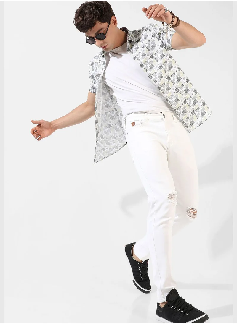 Campus Sutra Printed Spread Collar Short Sleeve Shirt