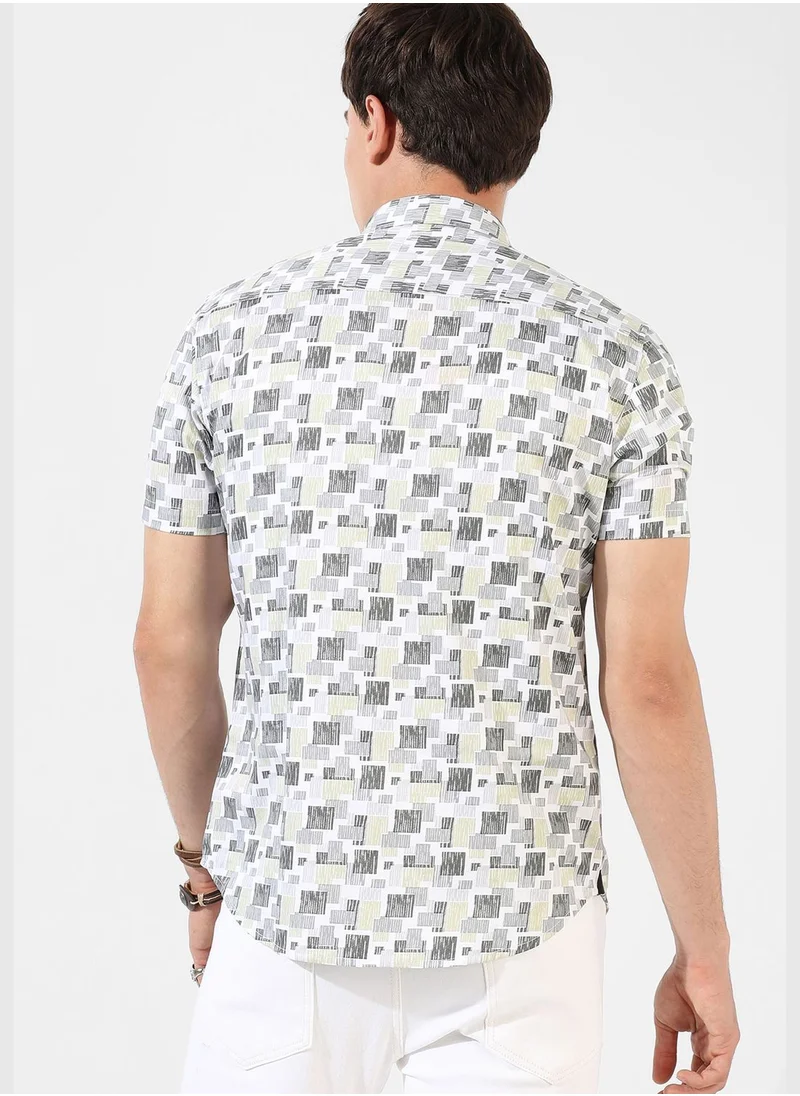Campus Sutra Printed Spread Collar Short Sleeve Shirt