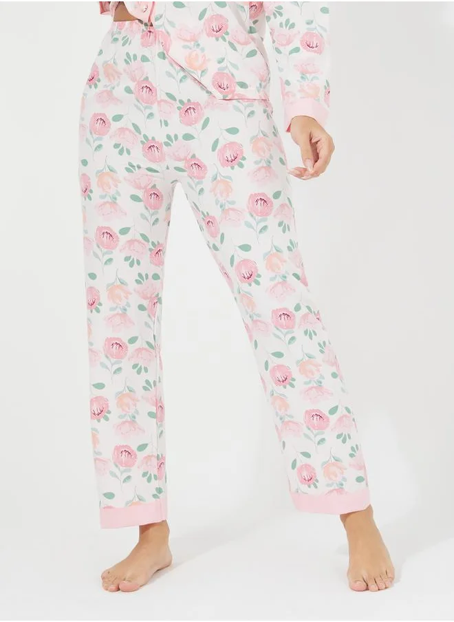 Styli Floral Print Button Placket Shirt & Pyjama Set