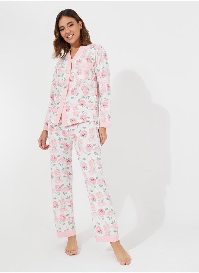 Floral Print Button Placket Shirt & Pyjama Set - pzsku/ZF8EF4B7E2C68A74A7B9DZ/45/_/1723796123/263ece6c-1a03-4649-bb18-f5c1954737e1