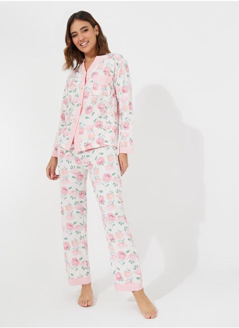 Floral Print Button Placket Shirt & Pyjama Set