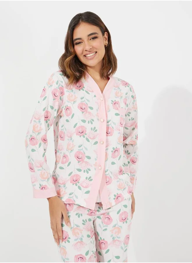 Styli Floral Print Button Placket Shirt & Pyjama Set