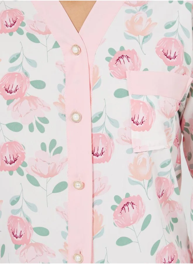 Styli Floral Print Button Placket Shirt & Pyjama Set
