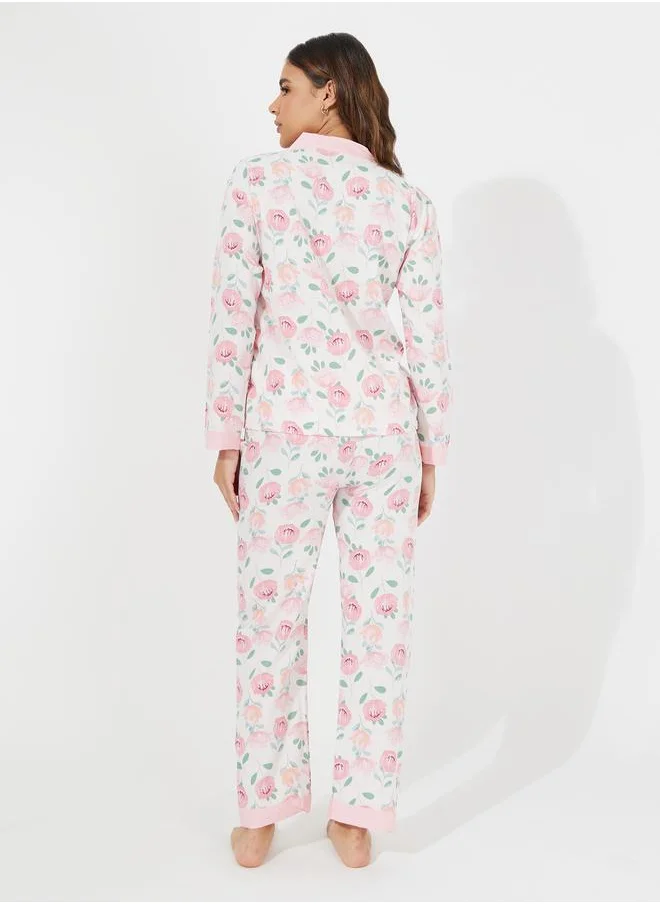 Styli Floral Print Button Placket Shirt & Pyjama Set