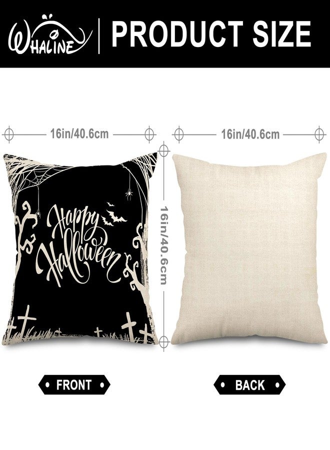 Whaline Happy Halloween Pillow Cover 16 x 16 Inch Pumpkin Spider Web Pillow Case Black Linen Throw Cushion Cover Cushion Cases for Home Office Halloween Sofa Bed Decoration, 4Pcs - Image 2
