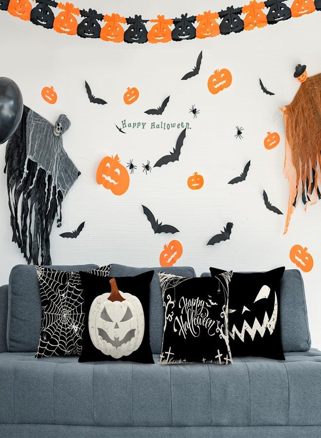 Whaline Happy Halloween Pillow Cover 16 x 16 Inch Pumpkin Spider Web Pillow Case Black Linen Throw Cushion Cover Cushion Cases for Home Office Halloween Sofa Bed Decoration, 4Pcs - Image 4