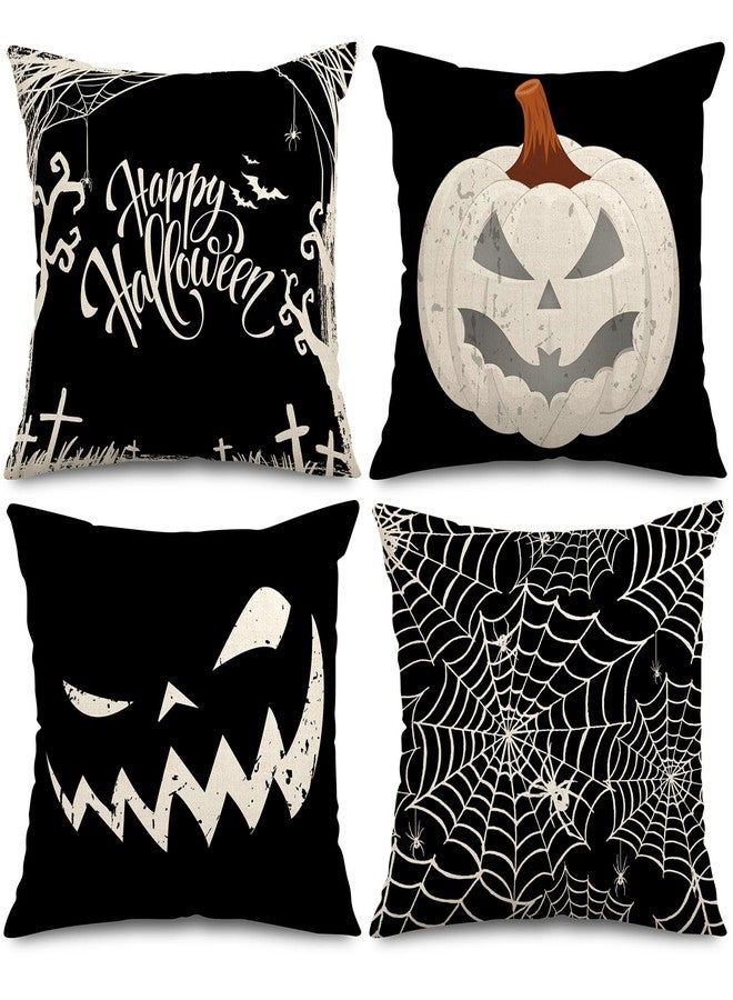 Whaline Happy Halloween Pillow Cover 16 x 16 Inch Pumpkin Spider Web Pillow Case Black Linen Throw Cushion Cover Cushion Cases for Home Office Halloween Sofa Bed Decoration, 4Pcs - Image 1