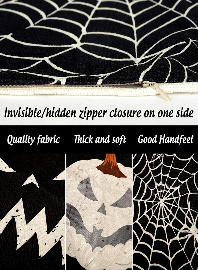 Whaline Happy Halloween Pillow Cover 16 x 16 Inch Pumpkin Spider Web Pillow Case Black Linen Throw Cushion Cover Cushion Cases for Home Office Halloween Sofa Bed Decoration, 4Pcs - Image 3