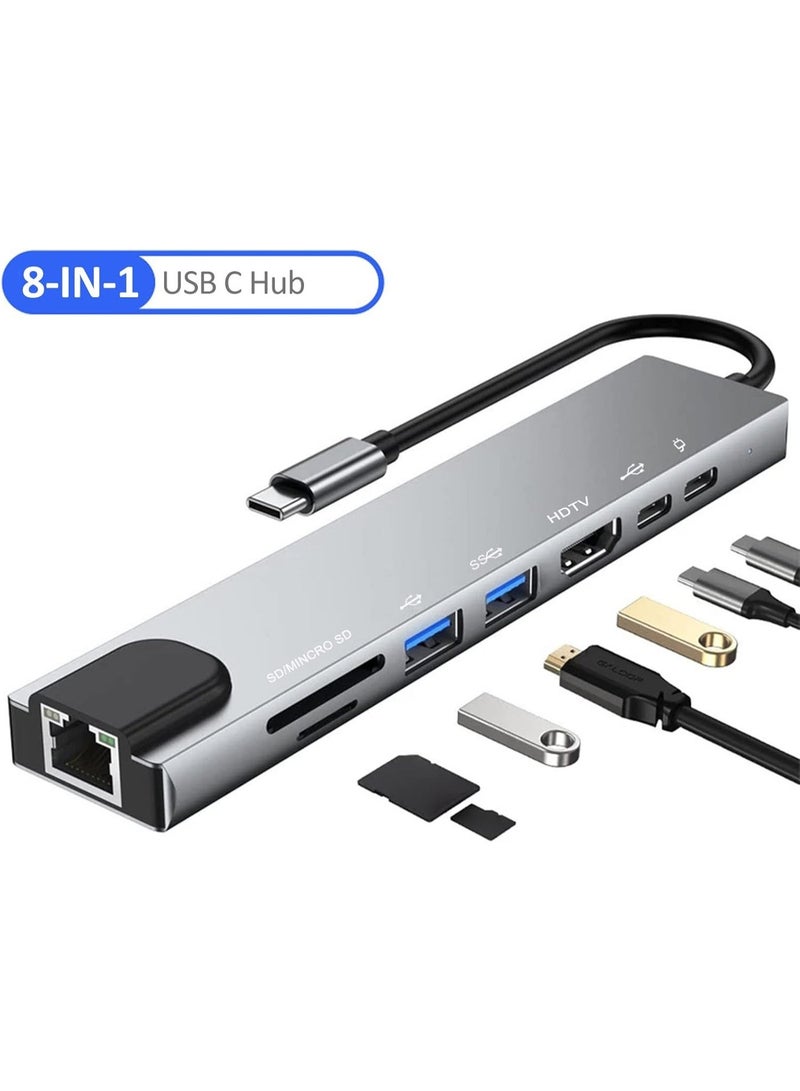 سيت أب ماستر موزع USB نوع سي 8 في 1 متعدد المنافذ مع 4K HD RJ45 ايثرنت USB 3.0 PD قارئ بطاقات SD TF متوافق مع كروم بوك ميت بوك - Image 1