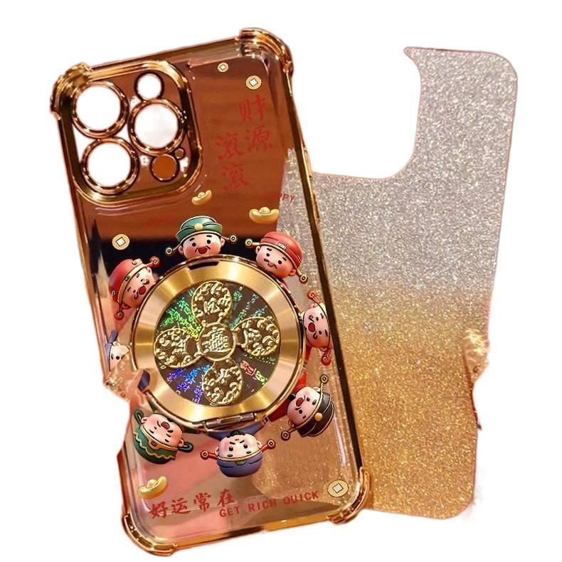 iPhone 15 Pro TPU Protective for iPhone 15 15 Plus 15 Pro 15 Pro Max with Kickstand and Electroplated Finish and God of Wealth Pattern in Red - Image 5