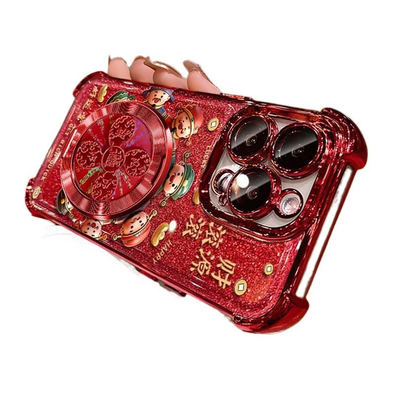 iPhone 15 Pro TPU Protective for iPhone 15 15 Plus 15 Pro 15 Pro Max with Kickstand and Electroplated Finish and God of Wealth Pattern in Red - Image 1