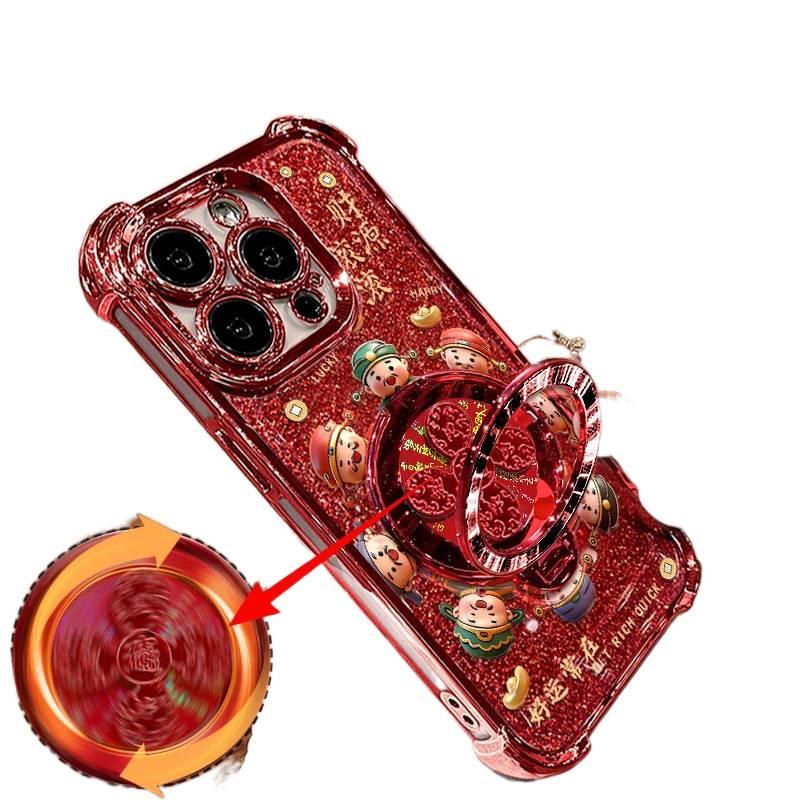 iPhone 15 Pro TPU Protective for iPhone 15 15 Plus 15 Pro 15 Pro Max with Kickstand and Electroplated Finish and God of Wealth Pattern in Red - Image 3