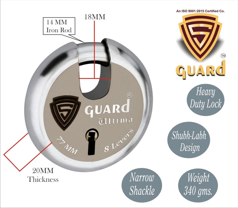 S-GUARD Heavy Duty Shutter Lock For Main Gate, Godown, Trucks Channel Gate Main Door, Office & Commercial Use, Durable 77MM Iron Body with 8 Lever Security Mechanism, Pack of 3 (Silver-Golden Design5) - Image 2
