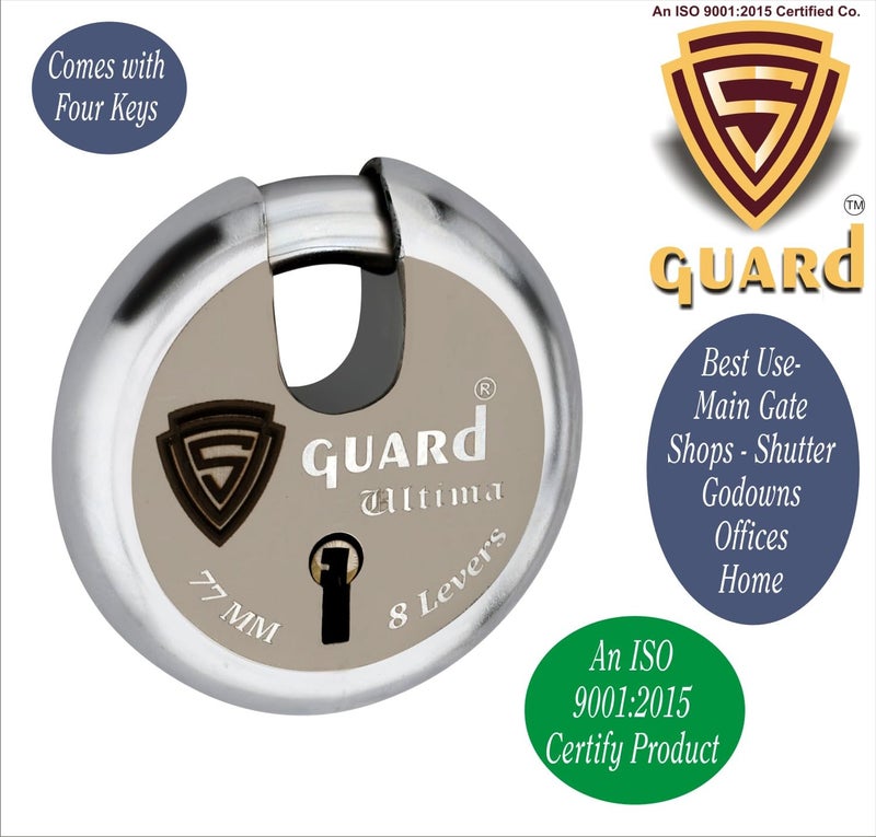 S-GUARD Heavy Duty Shutter Lock For Main Gate, Godown, Trucks Channel Gate Main Door, Office & Commercial Use, Durable 77MM Iron Body with 8 Lever Security Mechanism, Pack of 3 (Silver-Golden Design5) - Image 3