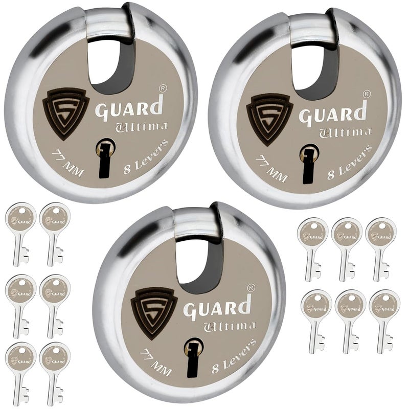 S-GUARD Heavy Duty Shutter Lock For Main Gate, Godown, Trucks Channel Gate Main Door, Office & Commercial Use, Durable 77MM Iron Body with 8 Lever Security Mechanism, Pack of 3 (Silver-Golden Design5) - Image 1
