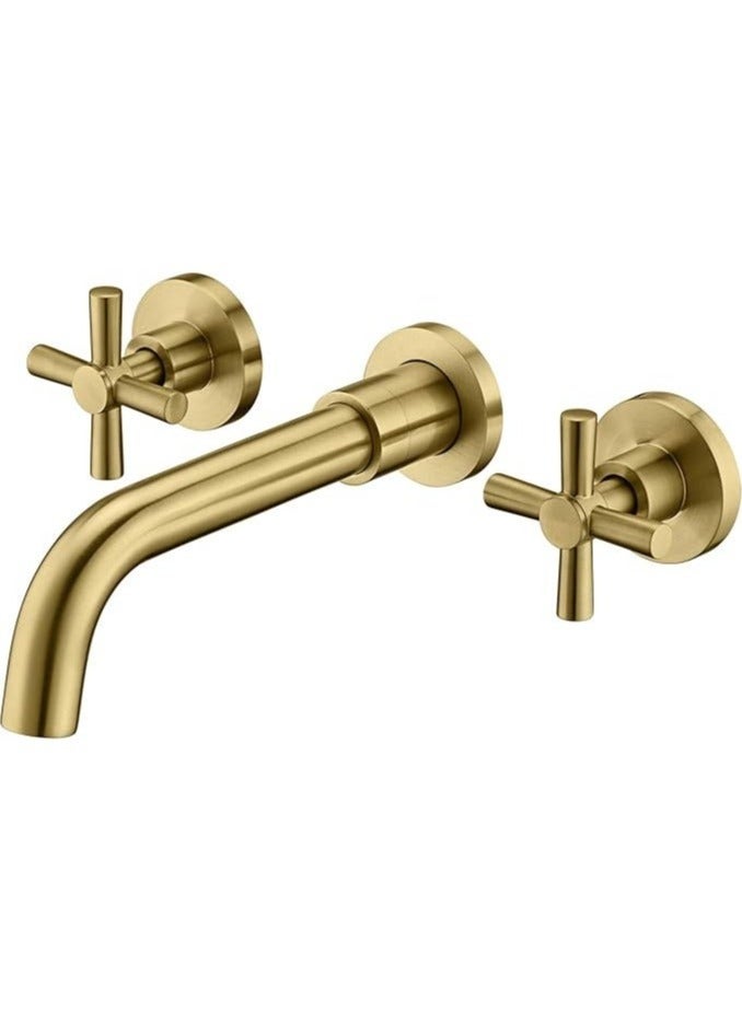 واي دي صنبور حوض حمام يُثبّت على الحائط بمقبضين متقاطعين، مصنوع من النحاس الصلب، ذو فوهة طويلة، خلاط حوض، ماء ساخن وبارد، صنبور حوض غسيل عصري. - Image 1