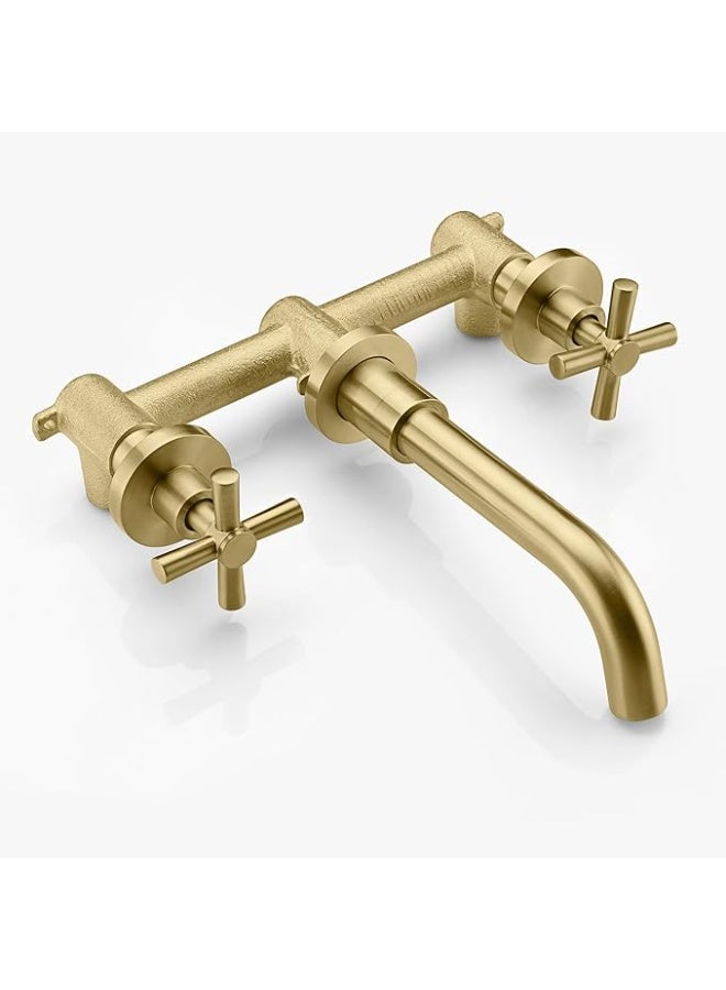 واي دي صنبور حوض حمام يُثبّت على الحائط بمقبضين متقاطعين، مصنوع من النحاس الصلب، ذو فوهة طويلة، خلاط حوض، ماء ساخن وبارد، صنبور حوض غسيل عصري. - Image 3