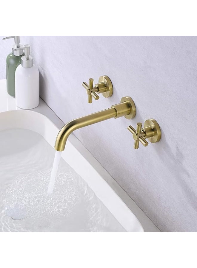 واي دي صنبور حوض حمام يُثبّت على الحائط بمقبضين متقاطعين، مصنوع من النحاس الصلب، ذو فوهة طويلة، خلاط حوض، ماء ساخن وبارد، صنبور حوض غسيل عصري. - Image 4