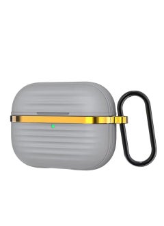 Generic Protective Silicone Case Cover with Gold Metal and Ribbed Design for AirPods Pro 2 with Carabiner Hook Anti-Scratch, Anti-Slip Gray/Gold  - Image 1