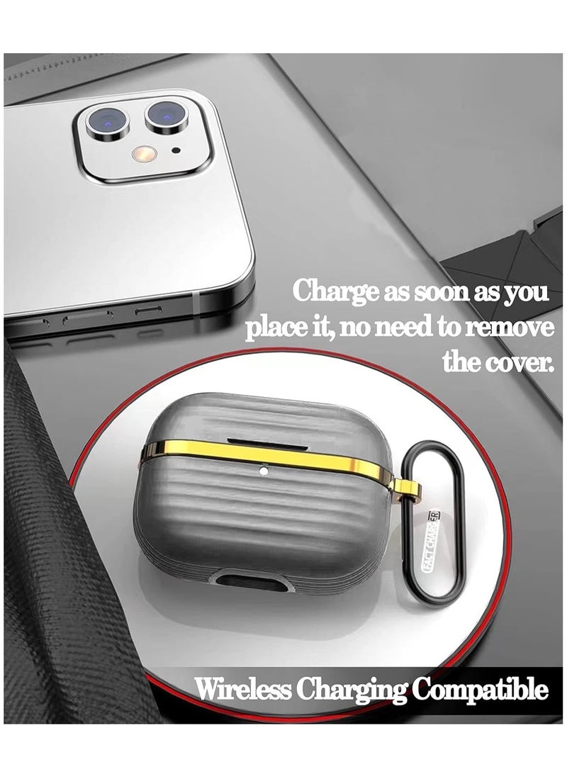 Generic Protective Silicone Case Cover with Gold Metal and Ribbed Design for AirPods Pro 2 with Carabiner Hook Anti-Scratch, Anti-Slip Gray/Gold  - Image 3
